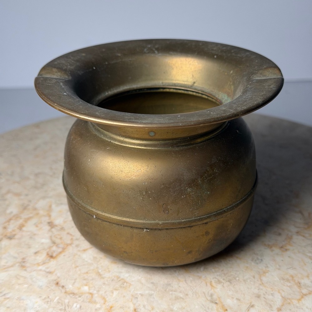 Vintage Solid Brass Deep Well Ashtray Spittoon Made in USA MCM Patina